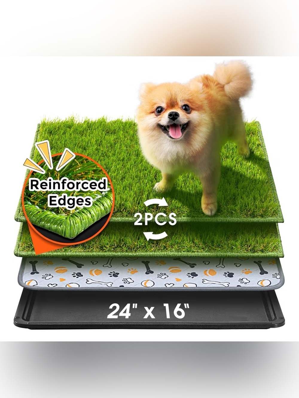 New Dog Grass Pads with Tray Large, 24"x16", 2 Reusable Artificial Turf for Dogs